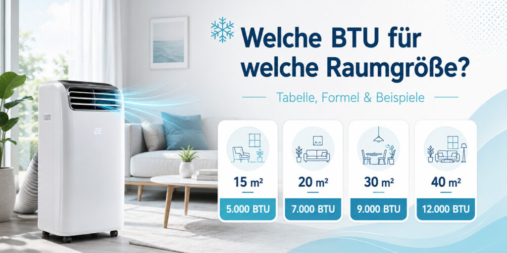 Grafik: Welche BTU für welche Raumgröße – mobile Klimaanlage mit Richtwerten für 15 bis 40 m²