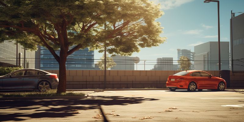 Auto parkt im Schatten eines Baumes auf einem sonnigen Parkplatz