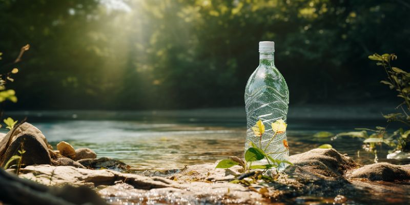 PET-Wasserflasche am Ufer eines Bachs im Sonnenlicht