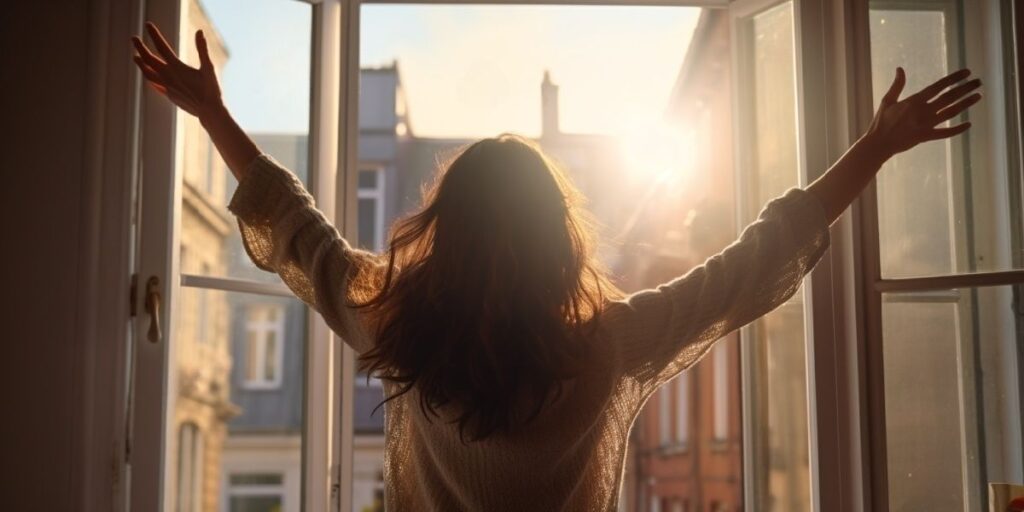 Frau öffnet morgens die Fenster weit zum Lüften