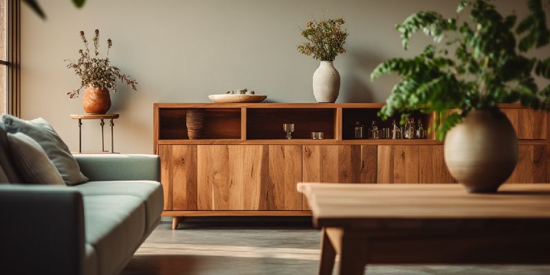 Wohnzimmer mit Holzmöbeln und Zimmerpflanzen