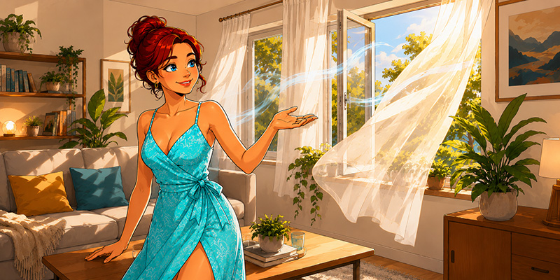 Illustration: Frau lüftet das Wohnzimmer bei weit geöffnetem Fenster
